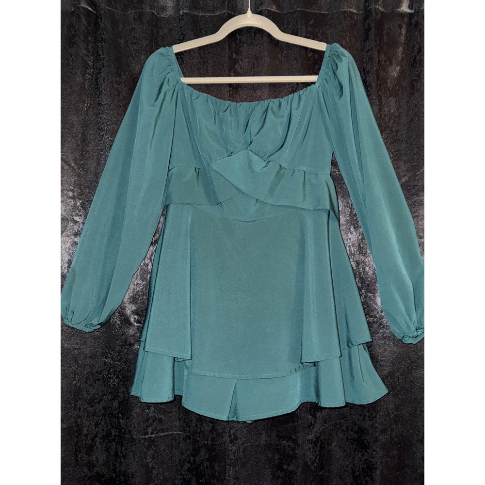 Forest Green Off Shoulder Long Sleeve Tiered Ruffle Romper Jumpsuit Tie Waist